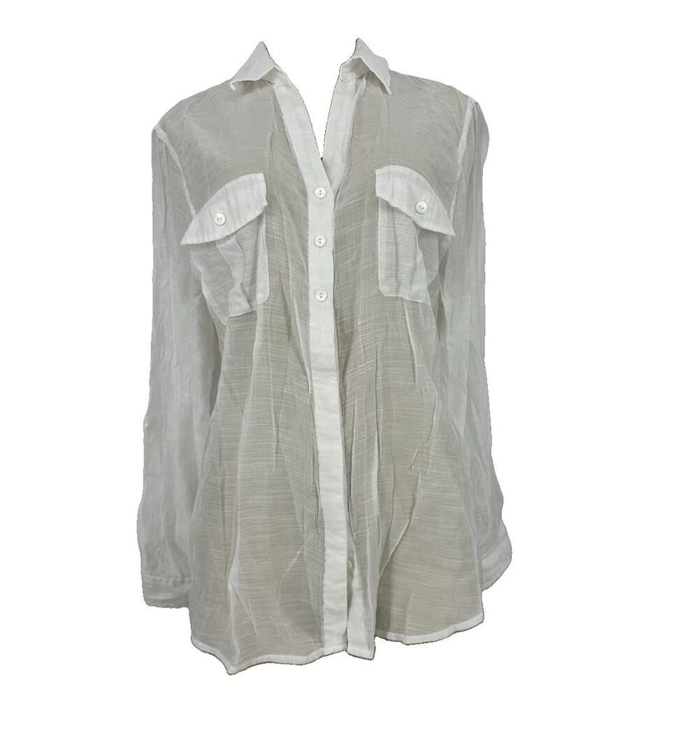 Chico’s Size Large Women Button Up Shirt White Semi Sheer Long Sleeve BC1